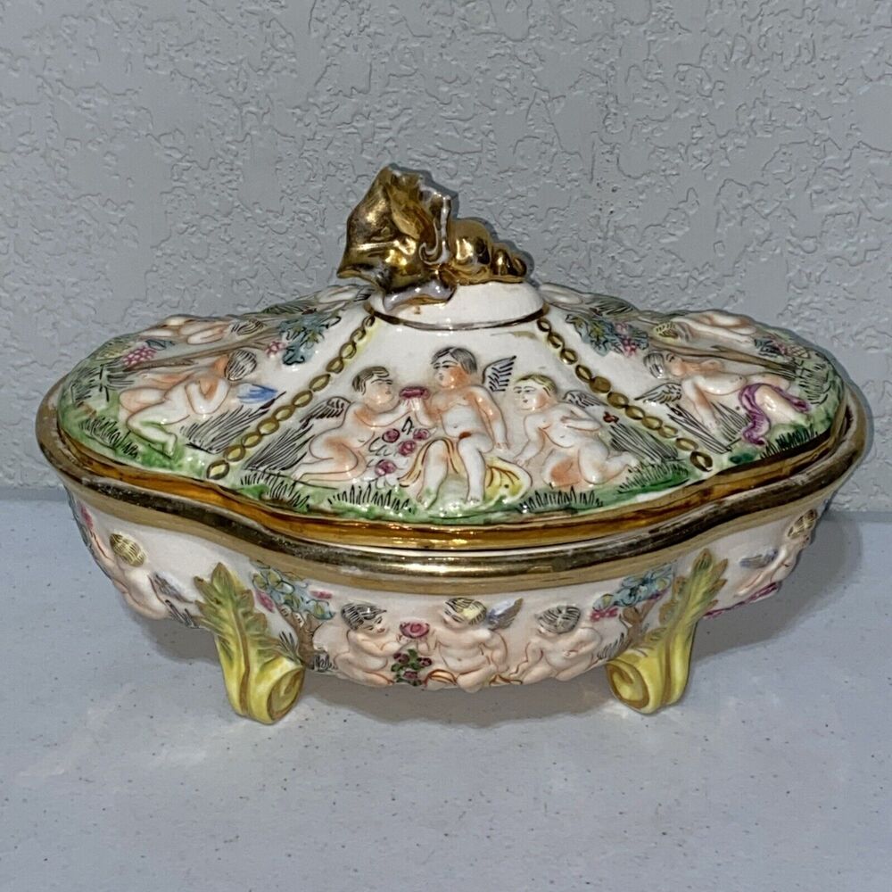 VTG Made In Occupied Japan Hand Painted Cherub Angels Vanity Trinket‎ Bowl RARE